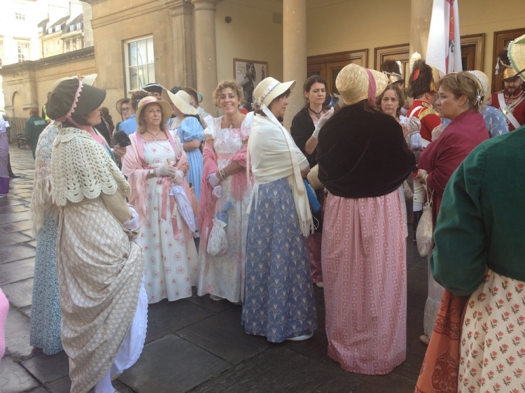 So many ladies in costume, ready for their stroll through Bath!